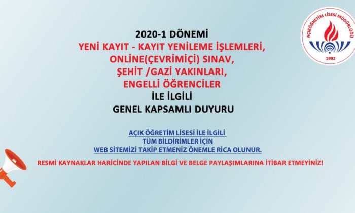 Açık Öğretim Lisesi 2020/1. Dönem İlk (Yeni) Kayıt ve Kayıt Yenileme İşlemleri
