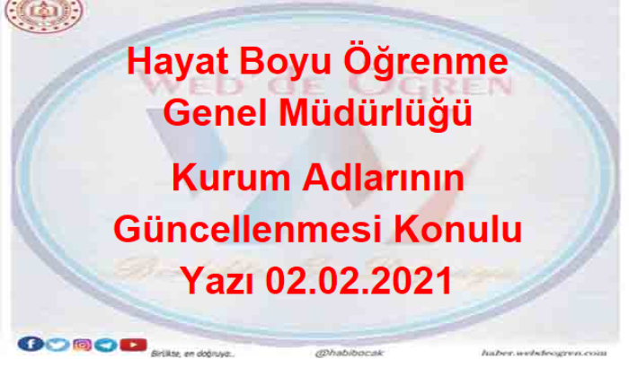 Hayat Boyu Öğrenme Genel Müdürlüğü Kurum Adlarının Güncellenmesi Konulu Yazı 02.02.2021
