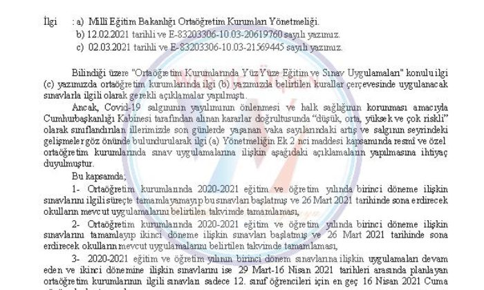 Ortaöğretim Genel Müdürlüğü İkinci Dönem Sınav Uygulamaları Konulu Yazı 23.03.2021