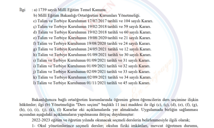 Ortaöğretim Genel Müdürlüğü 2022-2023 Eğitim ve Öğretim Yılı Ders Seçimi Konulu Yazı Gönderdi. 04.01.2022