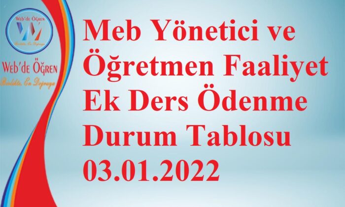 Meb Yönetici ve Öğretmen Faaliyet Ek Ders Ödenme Durum Tablosu 03.01.2022
