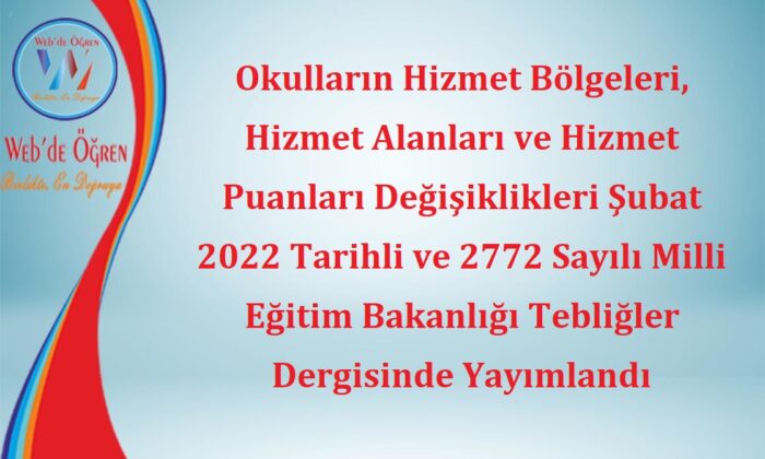 Okulların Hizmet Bölgeleri, Hizmet Alanları ve Hizmet Puanları Değişiklikleri Şubat 2022 Tarihli ve 2772 Sayılı Milli Eğitim Bakanlığı Tebliğler Dergisinde Yayımlandı