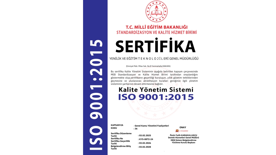 YEĞİTEK, ISO 9001 SERTİFİKASI ALMAYA HAK KAZANDI