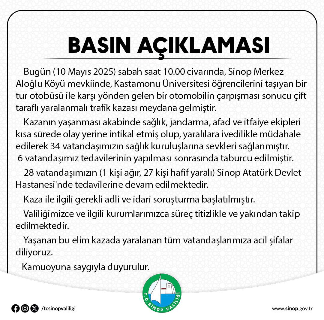 Sinop Valiliğinden Trafik Kazası İle İlgili Basın Açıklaması