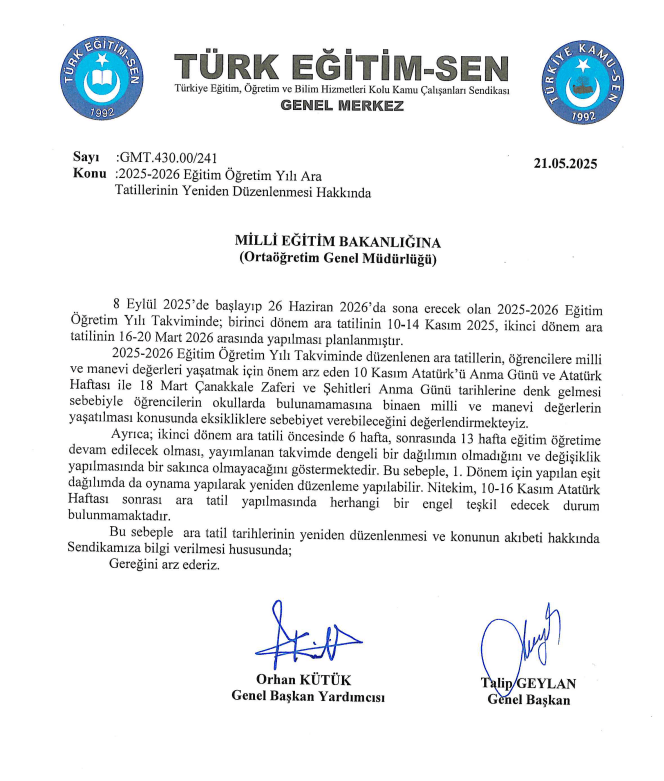 2025-2026 Eğitim Öğretim Yılı Ara Tatilleri Yeniden Düzenlensin