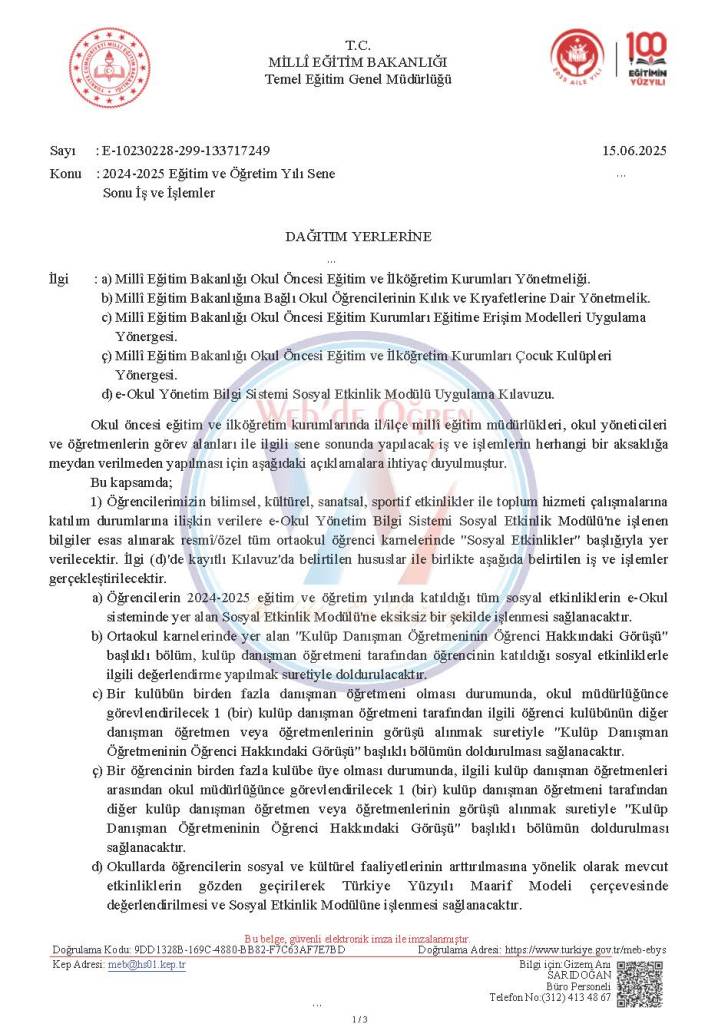MEB’den 2024-2025 Eğitim ve Öğretim Yılı Sene Sonu İş ve İşlemler Yazısı 15.06.2025