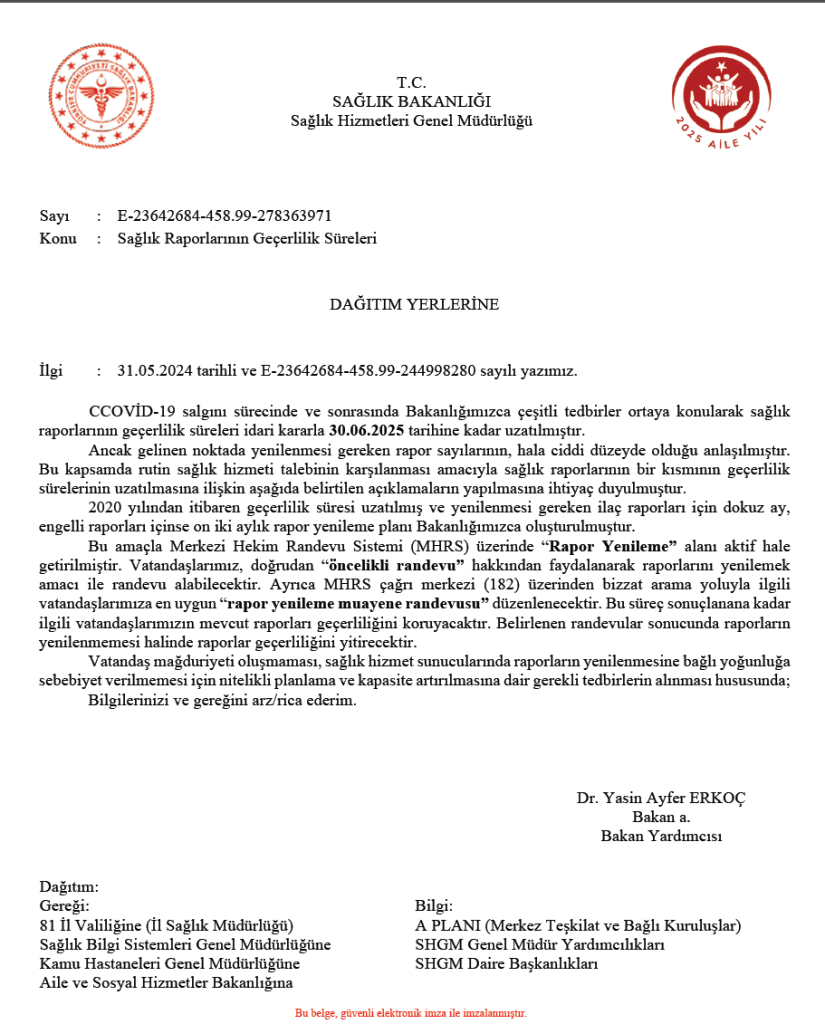 Sağlık Bakanlığı’ndan Sağlık Raporlarının Geçerlilik Süreleri Yazısı