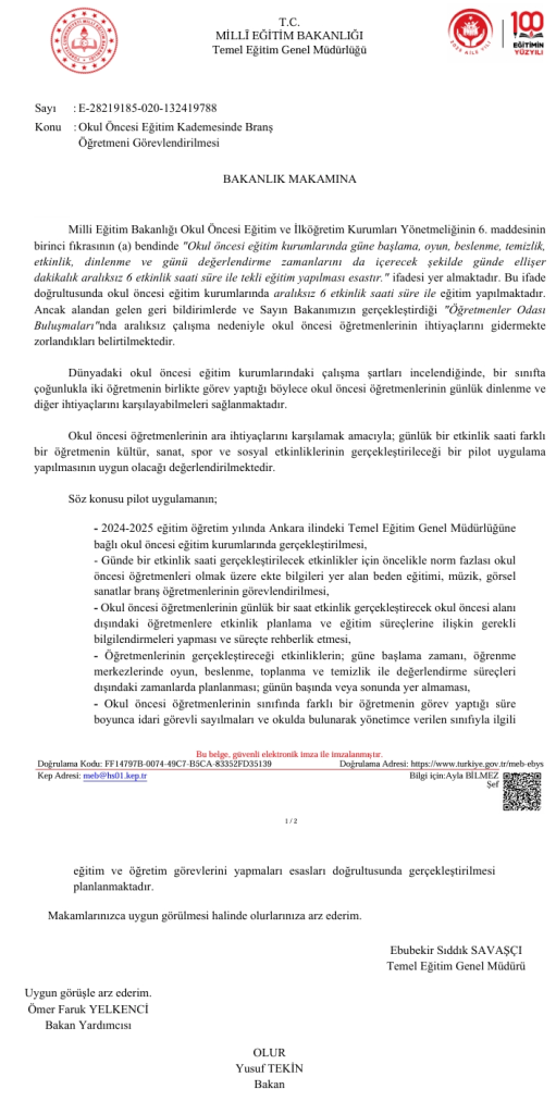 Okul Öncesi Eğitim Kademesinde Branş Öğretmeni Görevlendirilmesi (Pilot Uygulama)