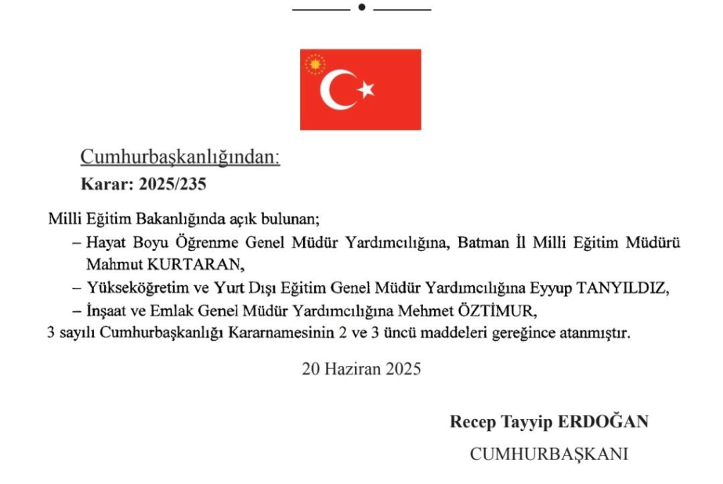 MEB’e 3 Genel Müdür Ataması Resmi Gazete’de Yayımlandı