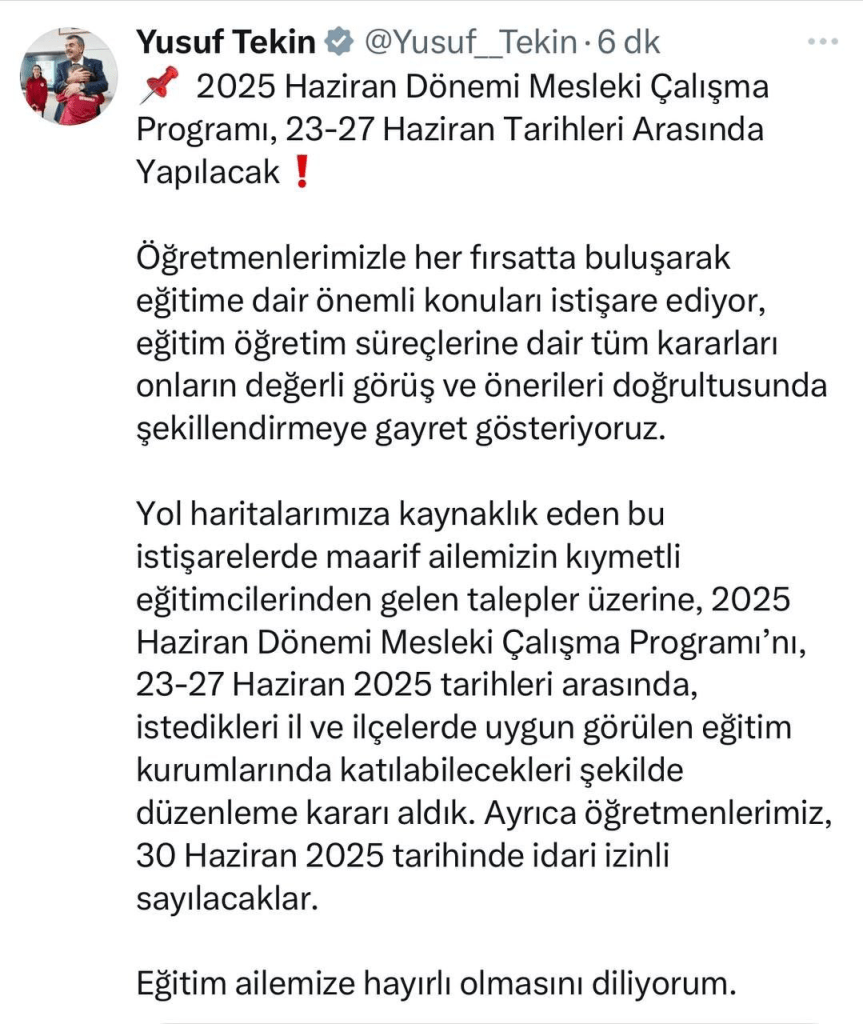 2025 Haziran Dönemi Mesleki Çalışma Programı Yüz Yüze Yapılacak