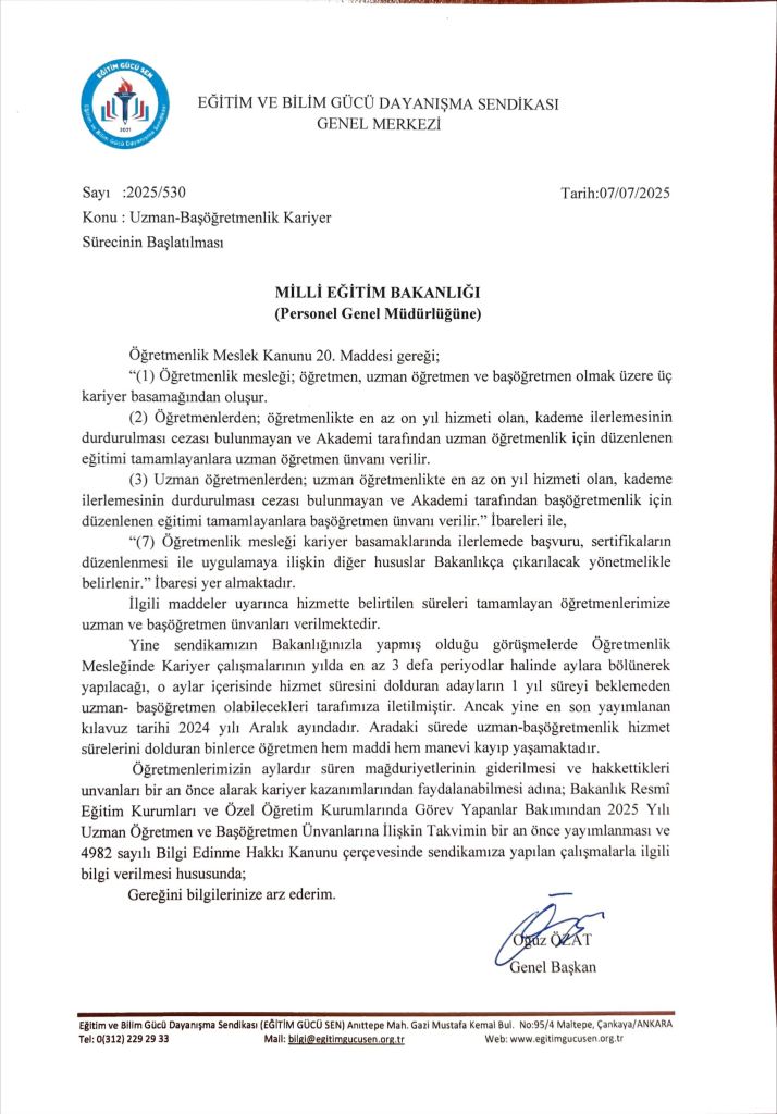 Uzman ve Başöğretmenlik Takviminin Bir An Önce Yayımlanmasını Talep Ettik