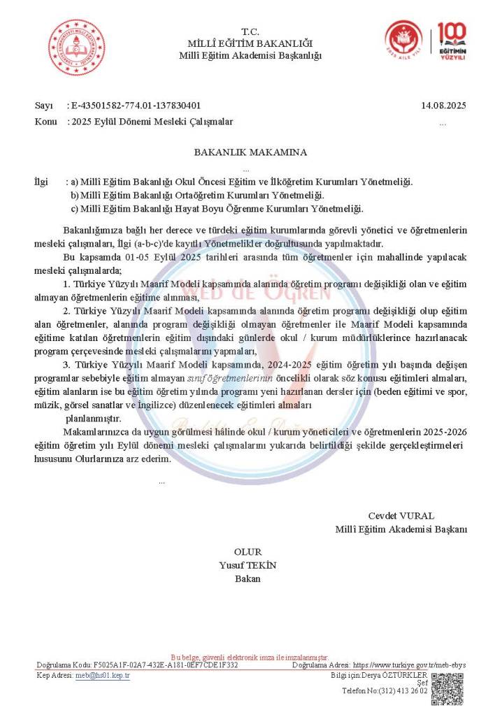 MEB 2025 Eylül Mesleki Çalışmalar (Seminer) Yazısı 14.08.2025