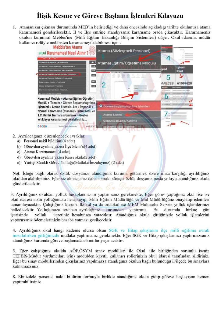 Ataması Olan Öğretmenlerin İlişik Kesme ve Göreve Başlama İşlemleri Kılavuzu