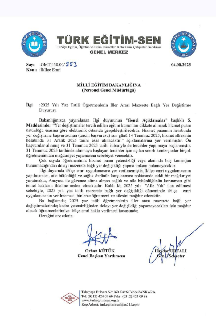 Türk Eğitim Sen’den İl/İlçe Emri Talebi